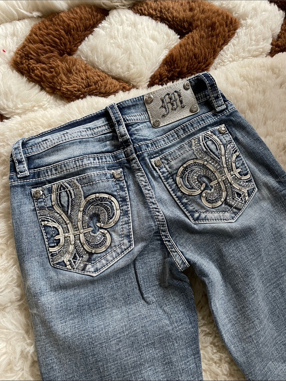 Miss me Light Blue Boot Cut Jeans with Embellished Fleur-de-Lis Back Pockets